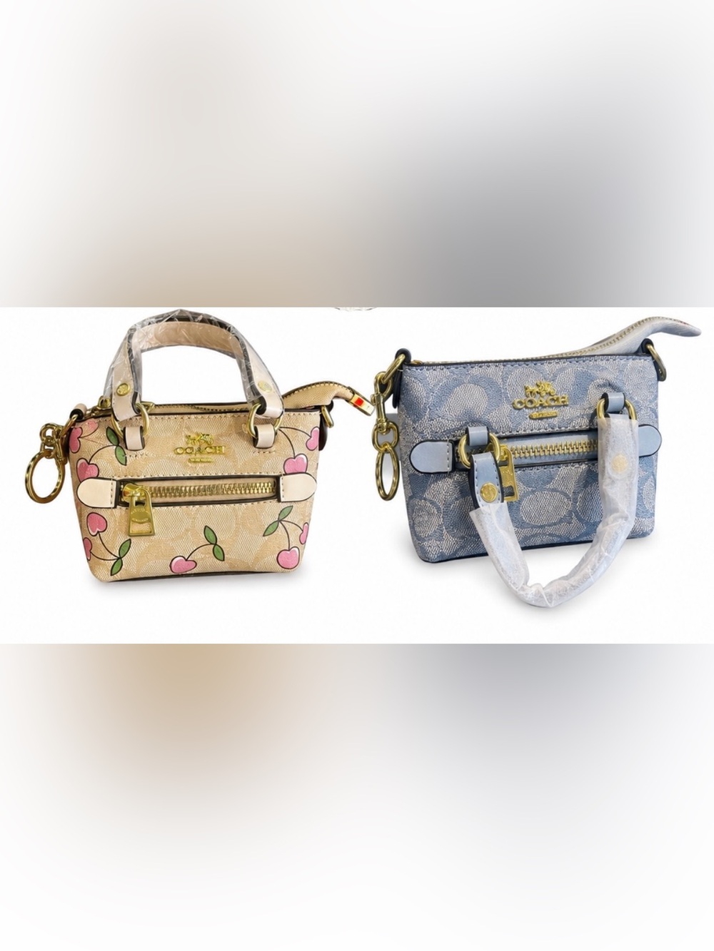 Beige Mini Tote with Pink Cherry Print and Gold Hardware